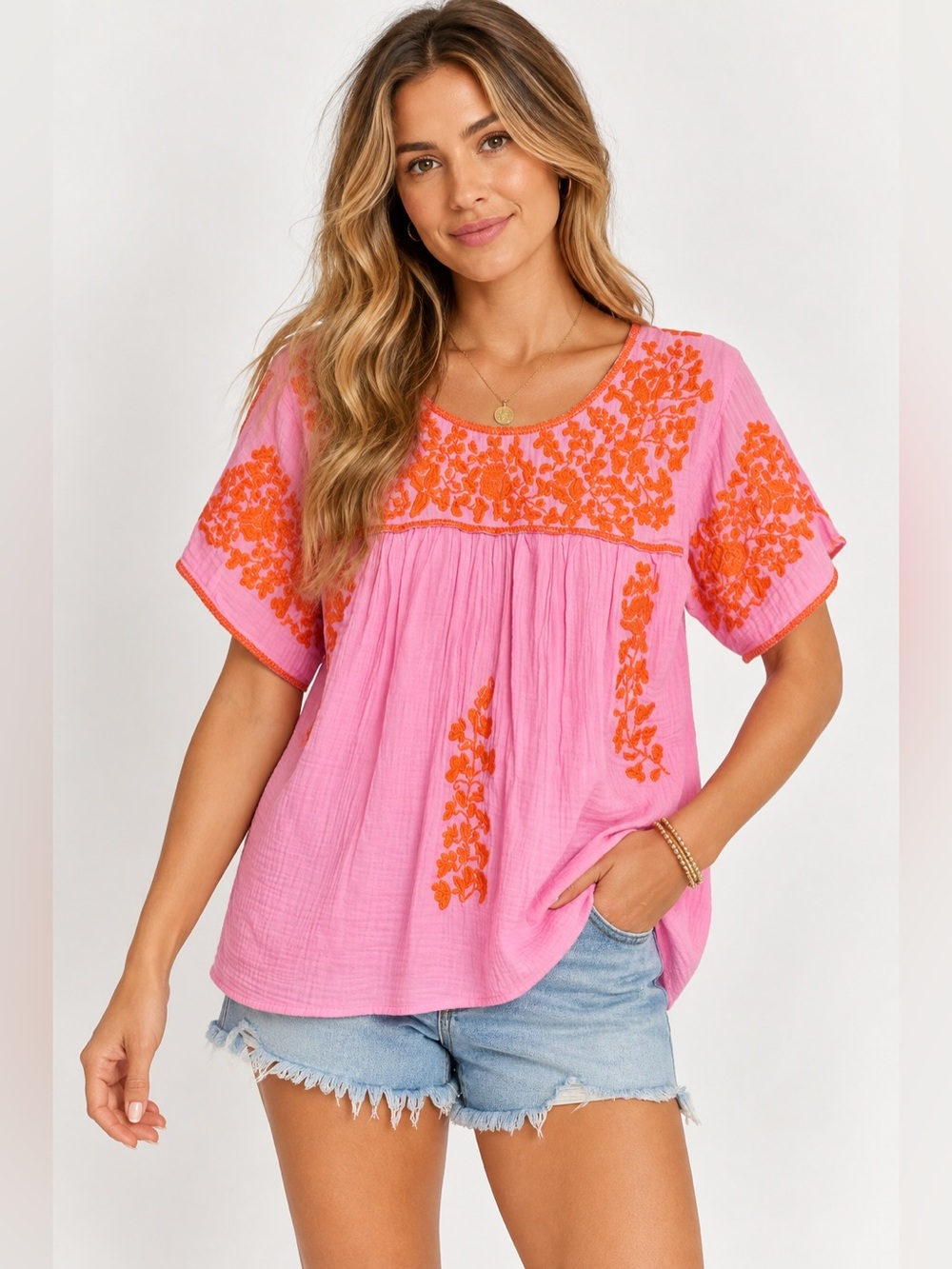 J.MARIE Courtney Top in Pink/Orange Embroidered Mexican Style Bright Size Small‎